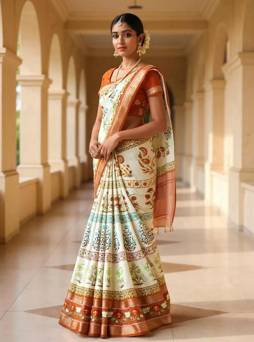 Image of Cream Soft Dola Silk Floral Design Saree - South India Shopping Mall