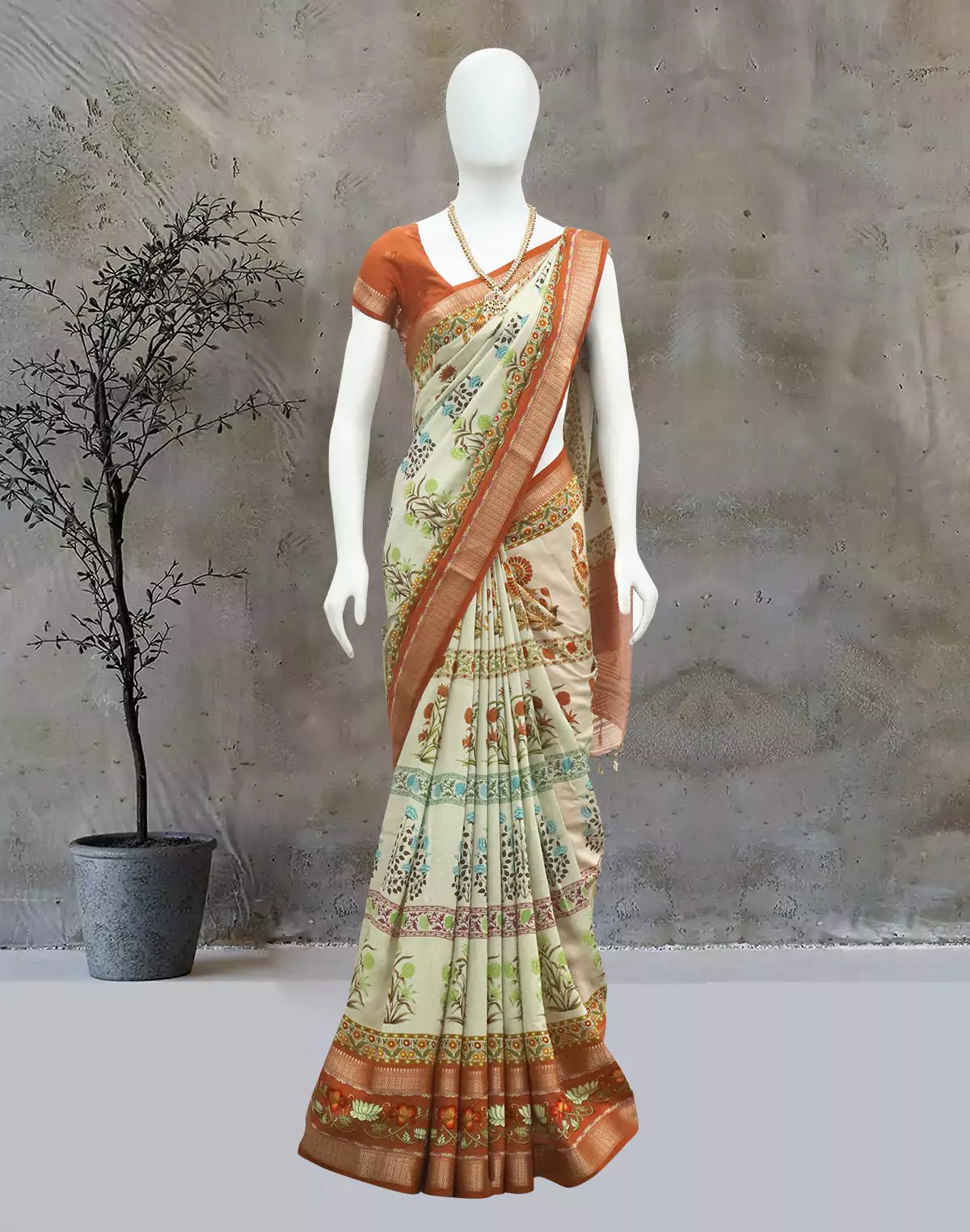 Image of Cream Soft Dola Silk Floral Design Saree - South India Shopping Mall