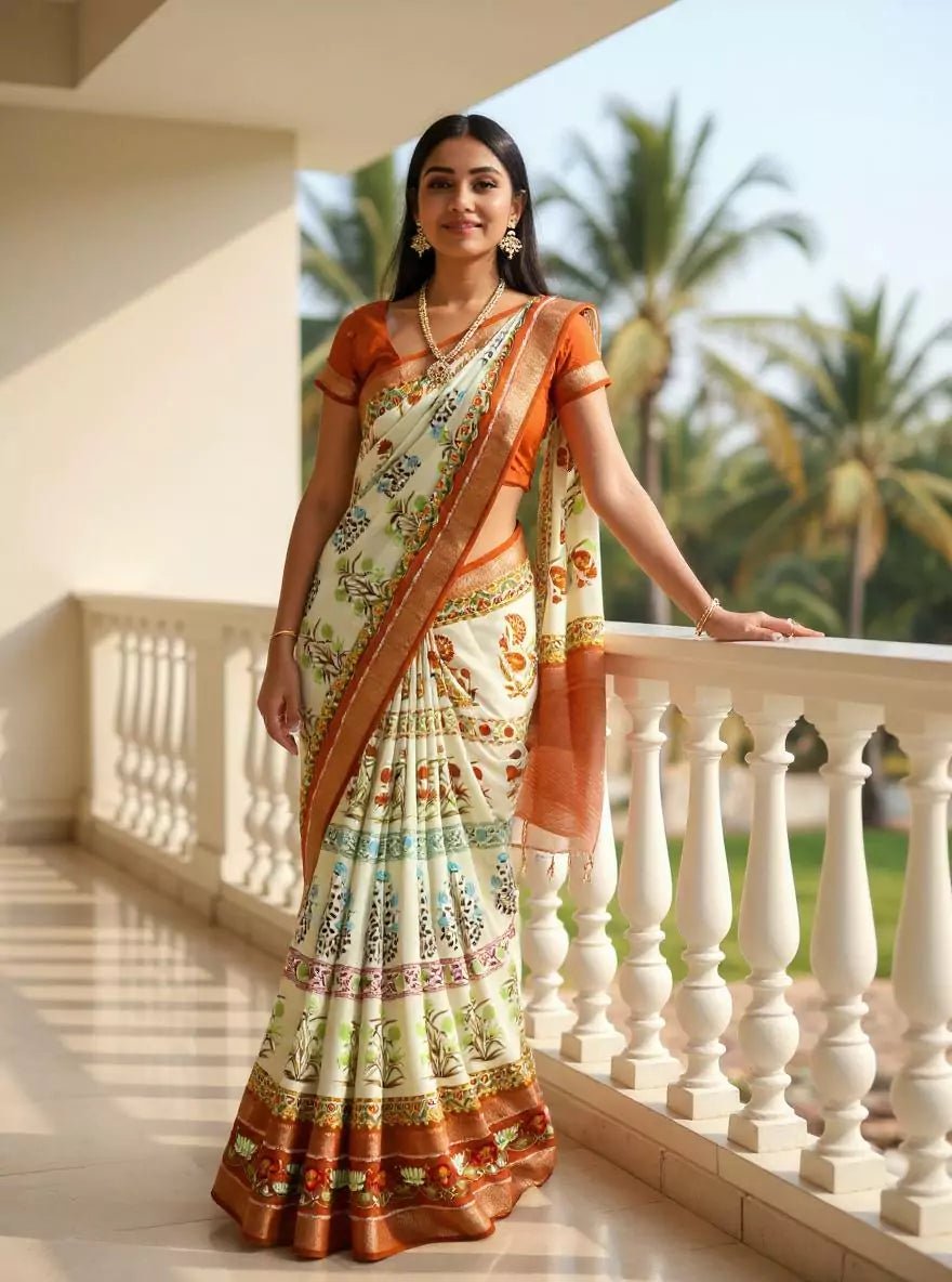 Image of Cream Soft Dola Silk Floral Design Saree - South India Shopping Mall
