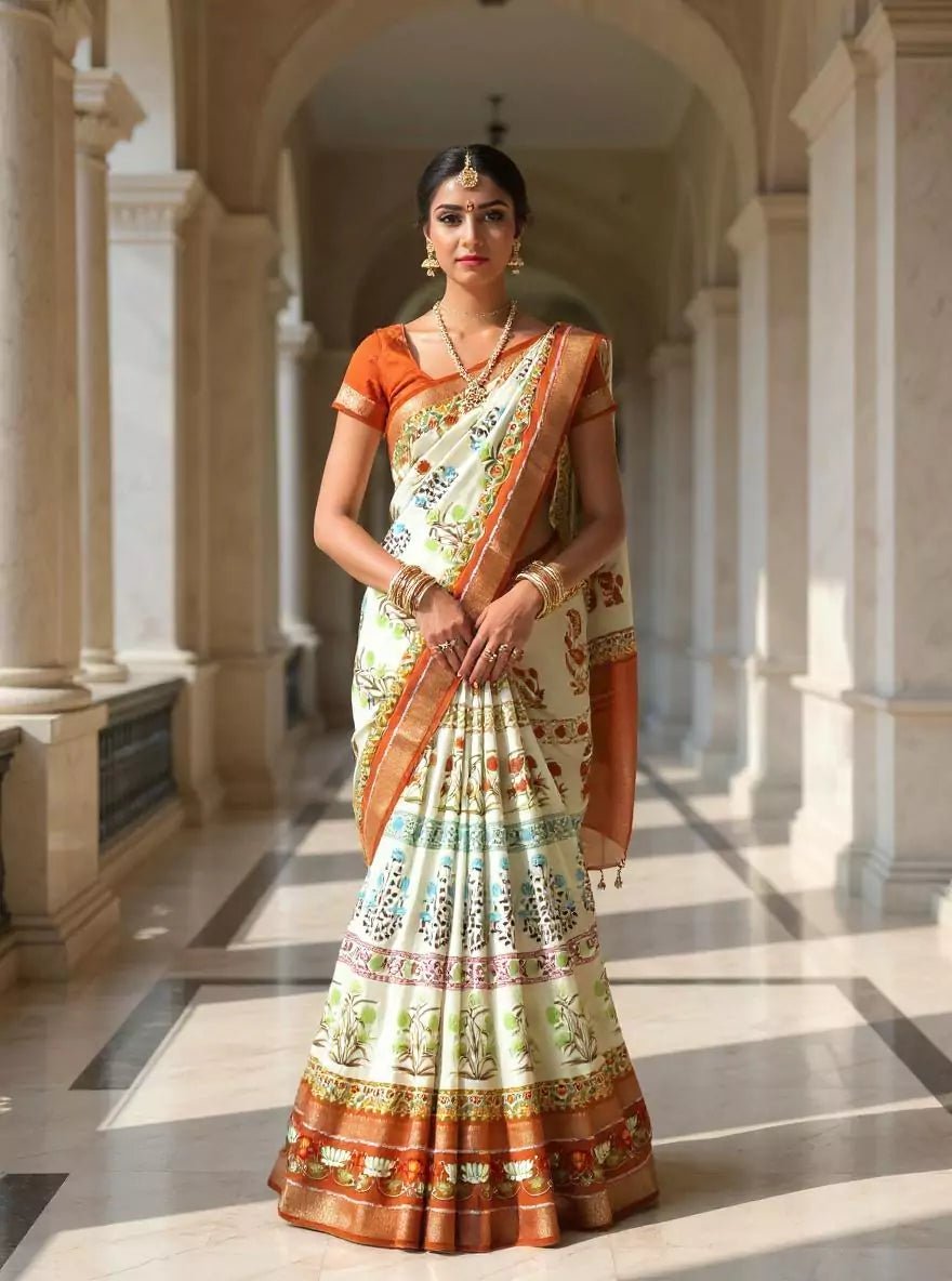 Cream Soft Dola Silk Floral Design Saree - South India Shopping Mall