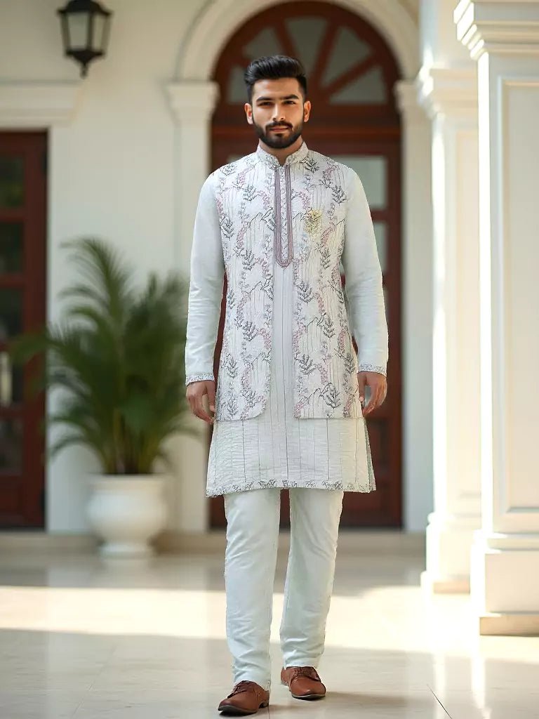 Image of Cream Stylish Floral Thread Embroidery Raw Silk Kurta Jacket Set - South India Shopping Mall