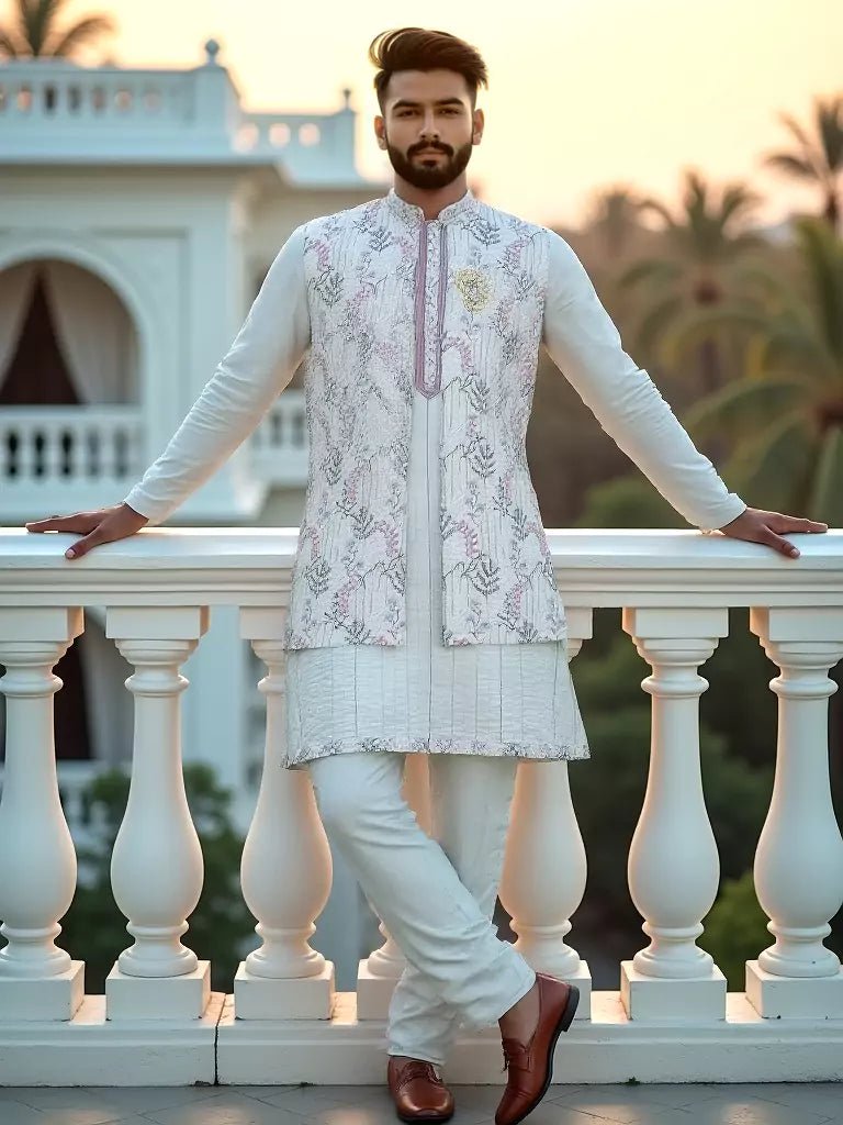 Image of Cream Stylish Floral Thread Embroidery Raw Silk Kurta Jacket Set - South India Shopping Mall