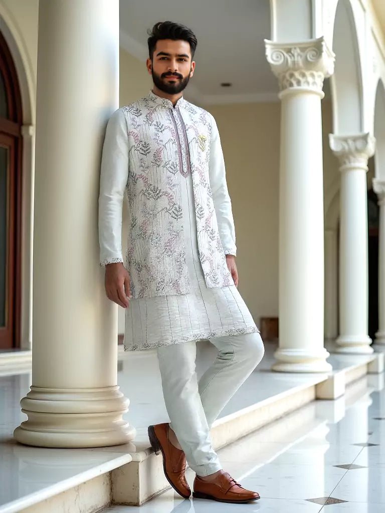 Image of Cream Stylish Floral Thread Embroidery Raw Silk Kurta Jacket Set - South India Shopping Mall