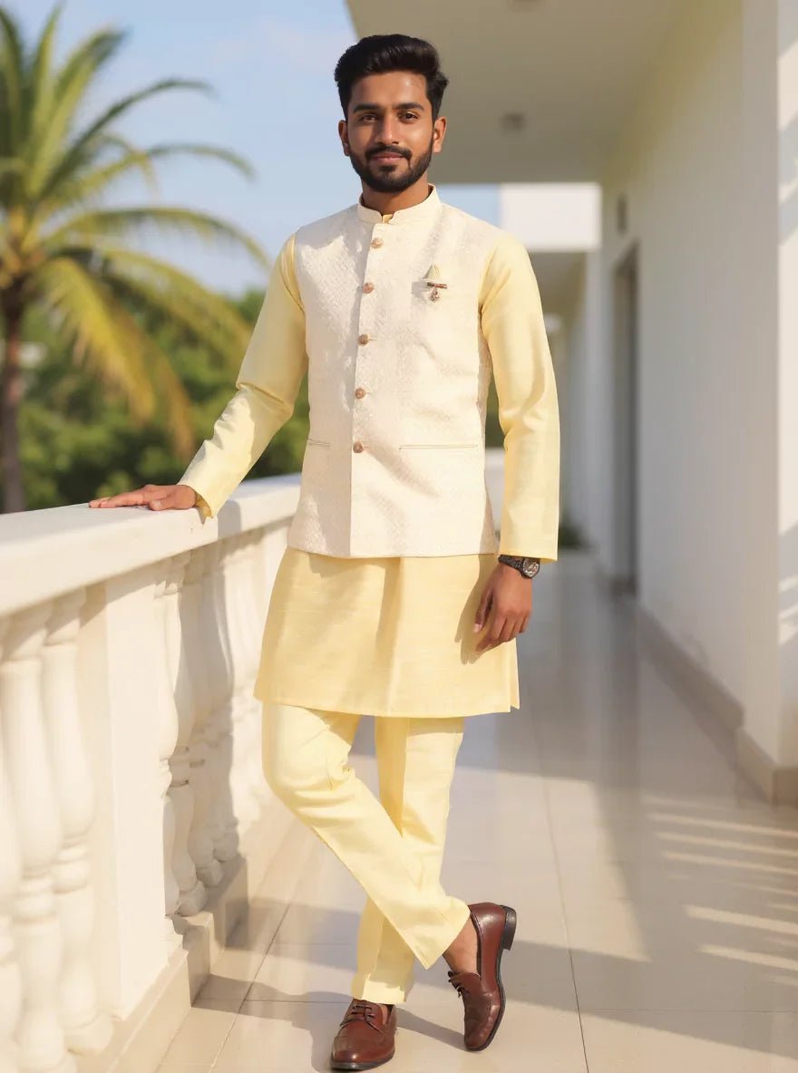 Image of Cream Weaving with Zari Jacquard Kurta Jacket Set in Slef Patterned - South India Shopping Mall