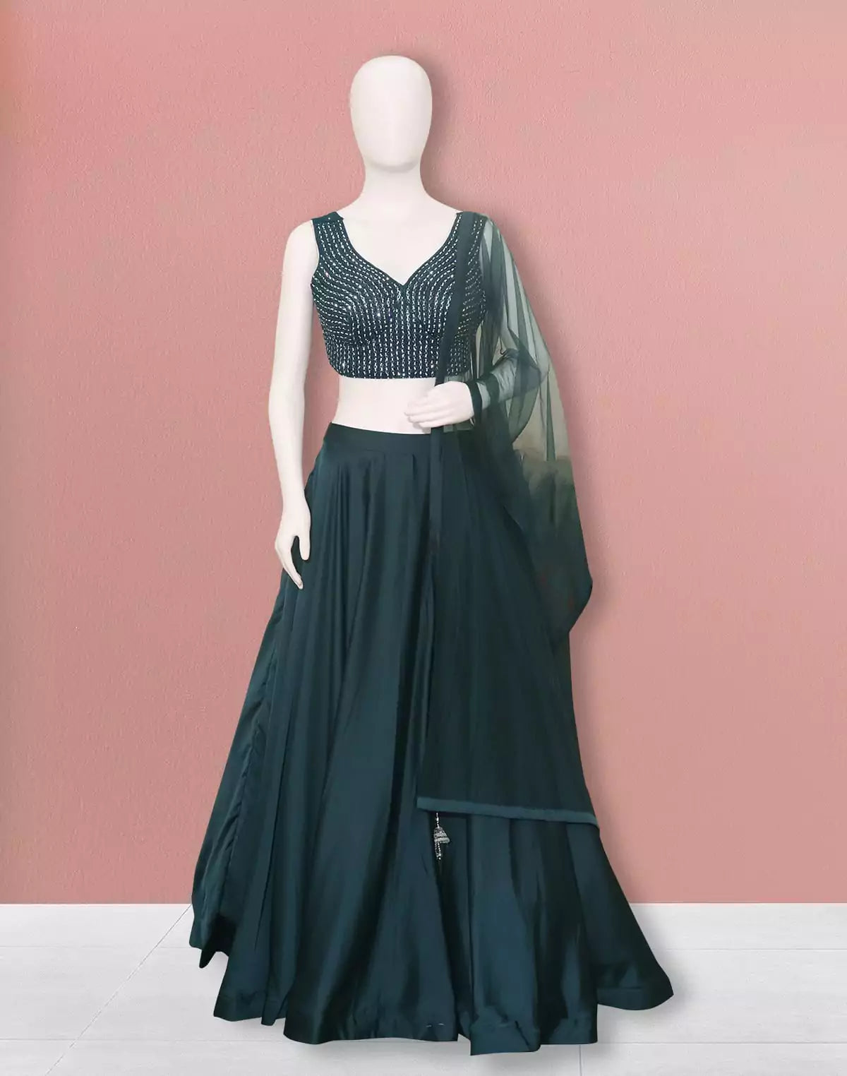 Image of Designer Teal Blue Netted Stones work Crop Top and Lehenga Set