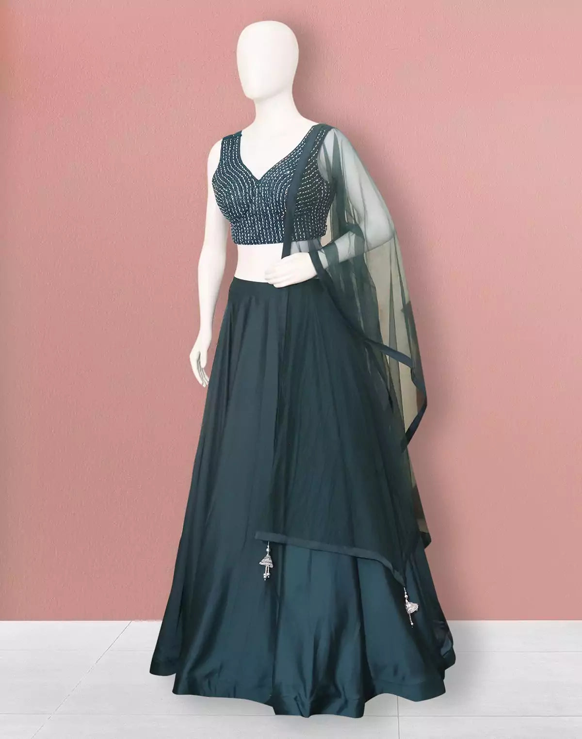 Image of Designer Teal Blue Netted Stones work Crop Top and Lehenga Set