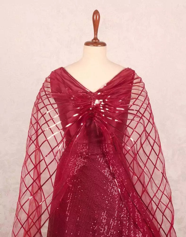 Image of Designer Maroon Embellished work Silk Crop Top Set