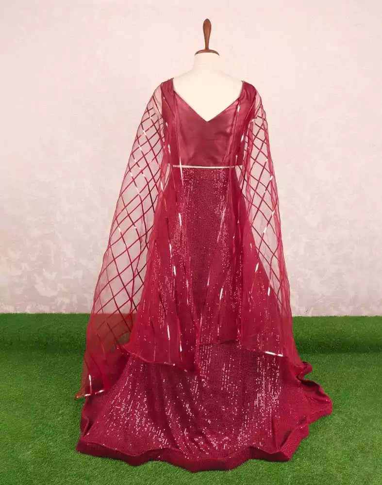 Image of Designer Maroon Embellished work Silk Crop Top Set