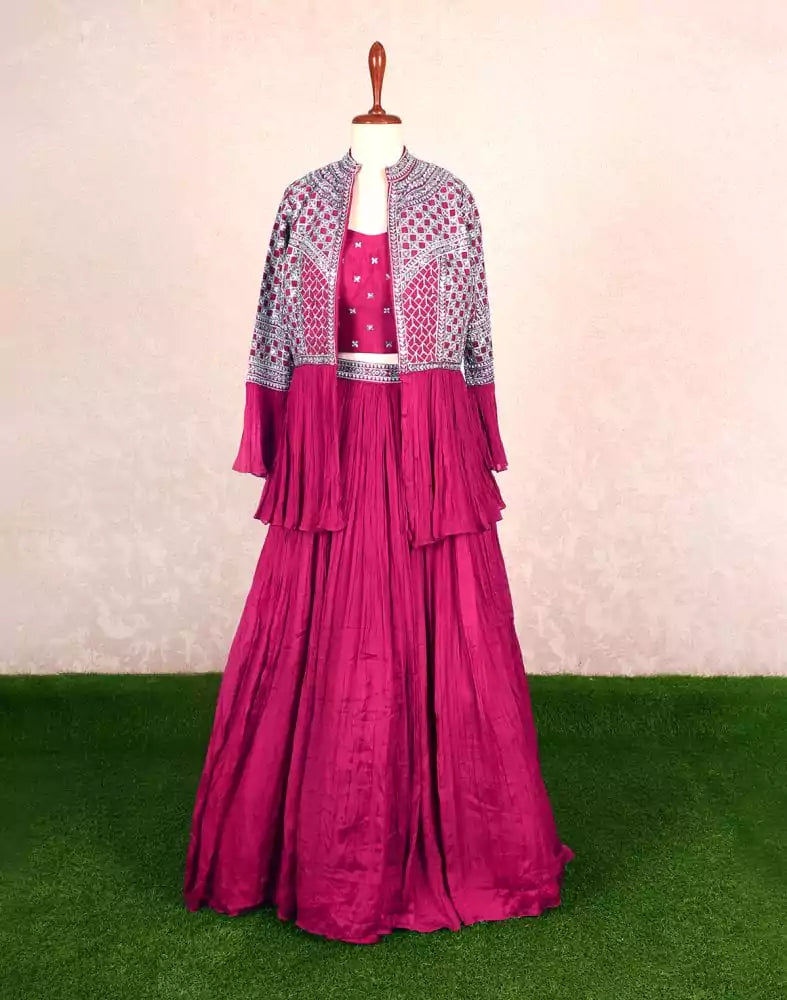 Image of Designer Wine Floral Mirror work Chiffon Crop Top with Jacket