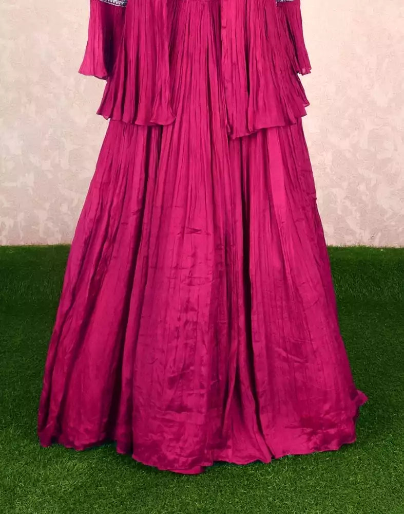 Image of Designer Wine Floral Mirror work Chiffon Crop Top with Jacket