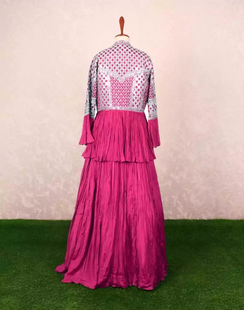 Image of Designer Wine Floral Mirror work Chiffon Crop Top with Jacket