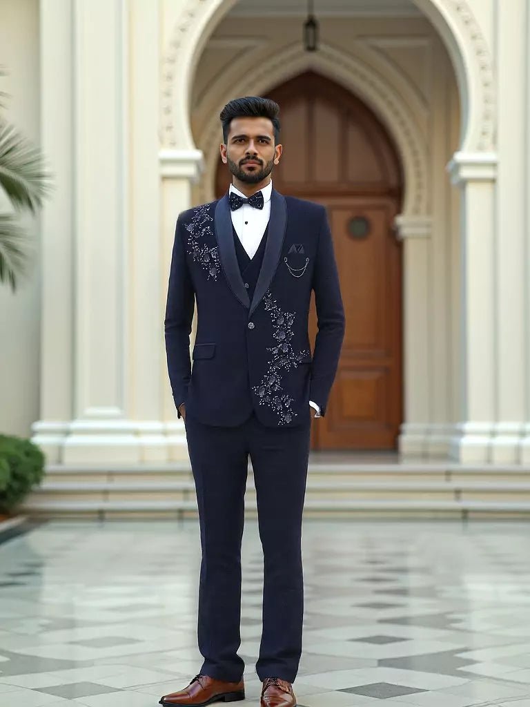 Image of Cutdana with Pearls work Blue Polynosic 5 Pc Designer Suit - South India Shopping Mall