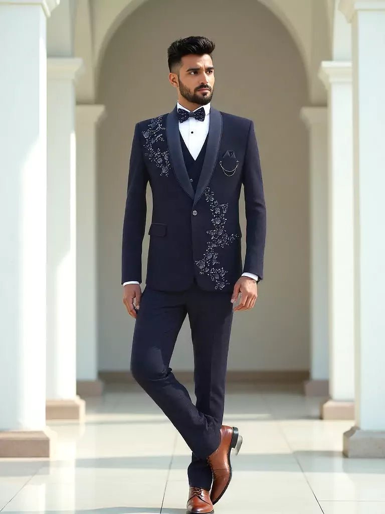 Image of Cutdana with Pearls work Blue Polynosic 5 Pc Designer Suit - South India Shopping Mall