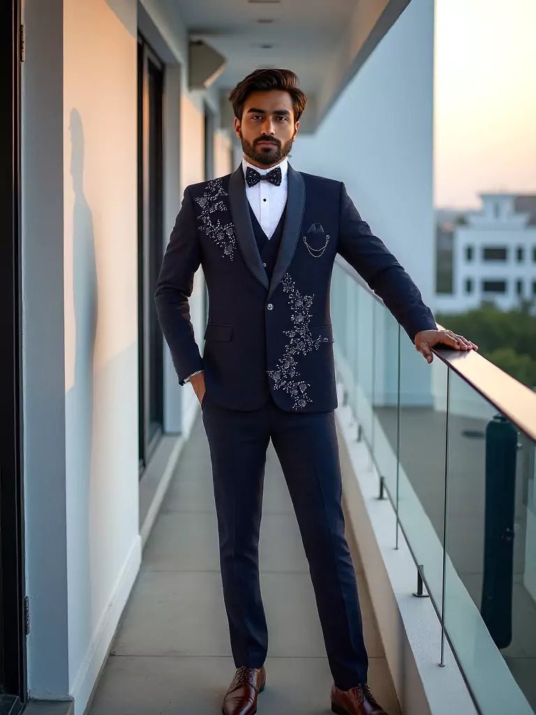 Image of Cutdana with Pearls work Blue Polynosic 5 Pc Designer Suit - South India Shopping Mall