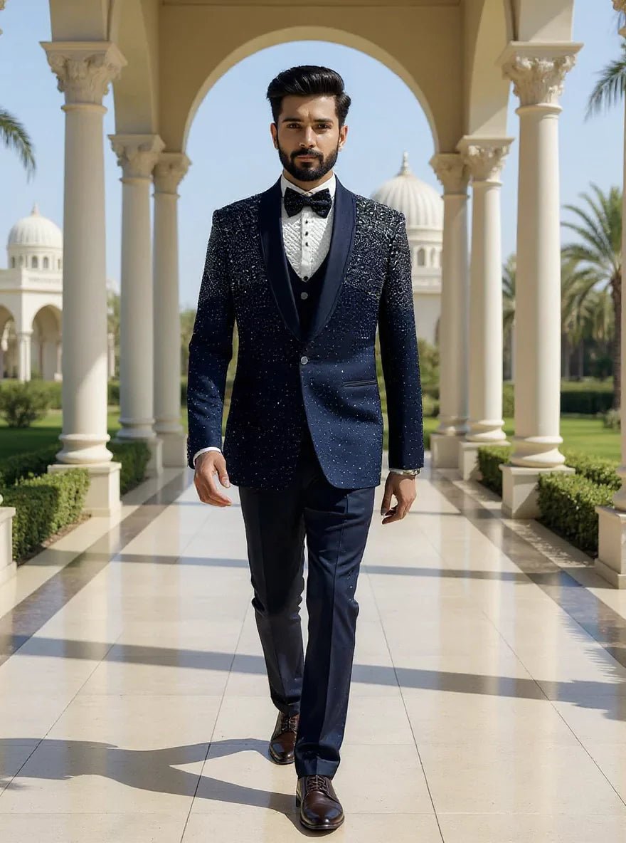 Image of Cutdana work Blue Polynosic 5 Pc Tuxido Designer Suit - South India Shopping Mall