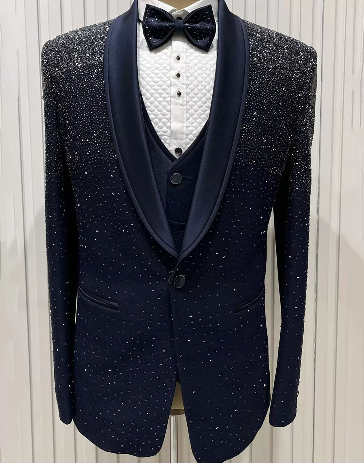 Image of Cutdana work Blue Polynosic 5 Pc Tuxido Designer Suit - South India Shopping Mall