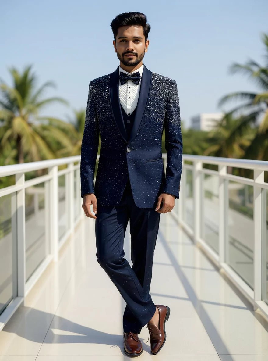 Image of Cutdana work Blue Polynosic 5 Pc Tuxido Designer Suit - South India Shopping Mall