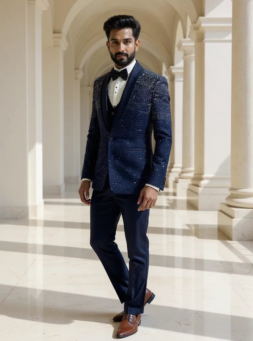 Image of Cutdana work Blue Polynosic 5 Pc Tuxido Designer Suit - South India Shopping Mall