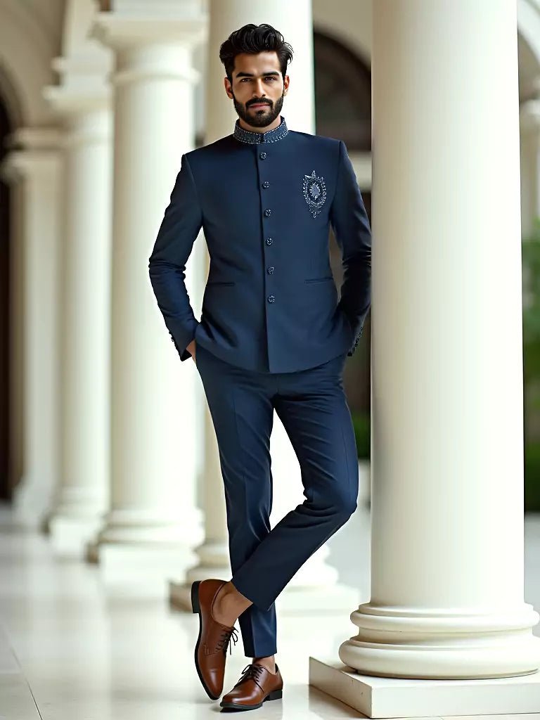 Image of Cutdana work Velvet Blue Stylish Designer Bandhgala Set - South India Shopping Mall