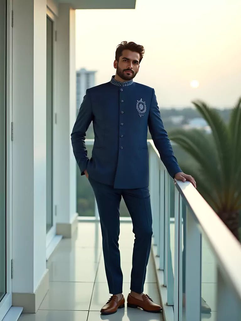 Image of Cutdana work Velvet Blue Stylish Designer Bandhgala Set - South India Shopping Mall