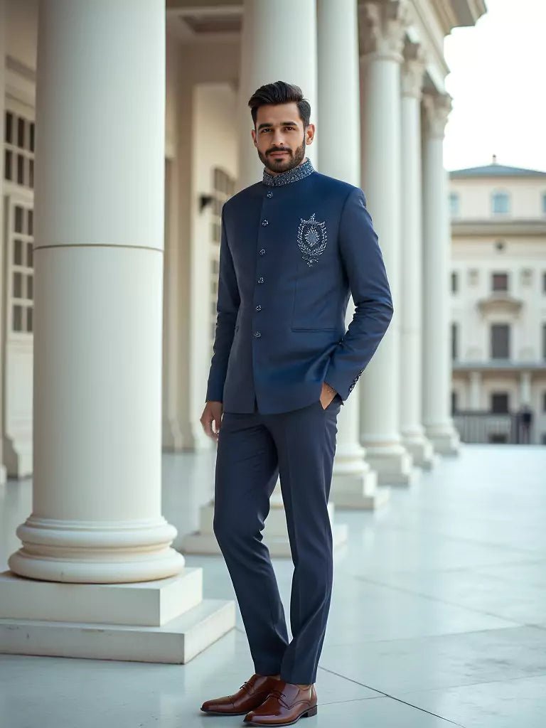 Image of Cutdana work Velvet Blue Stylish Designer Bandhgala Set - South India Shopping Mall