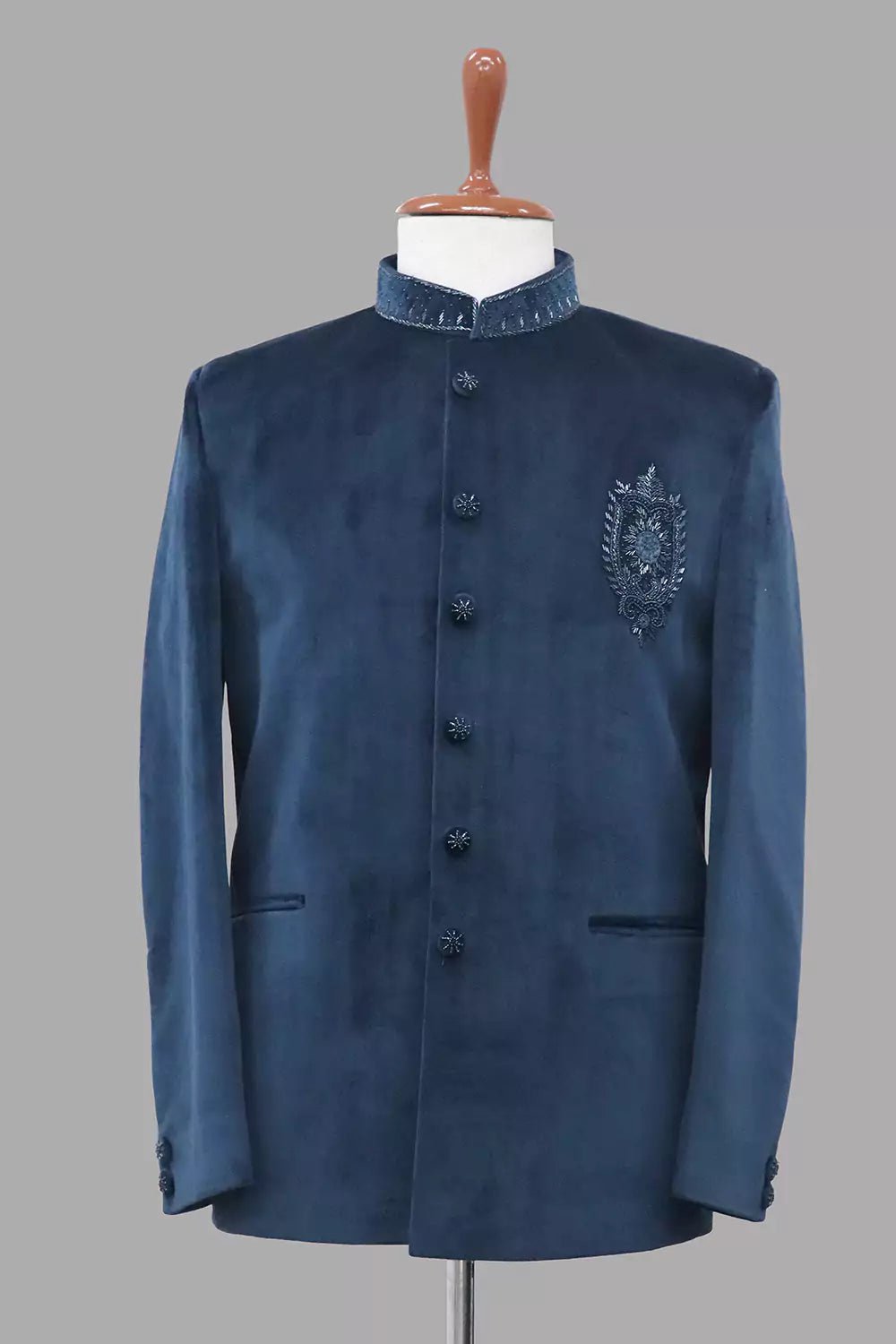Image of Cutdana work Velvet Blue Stylish Designer Bandhgala Set - South India Shopping Mall