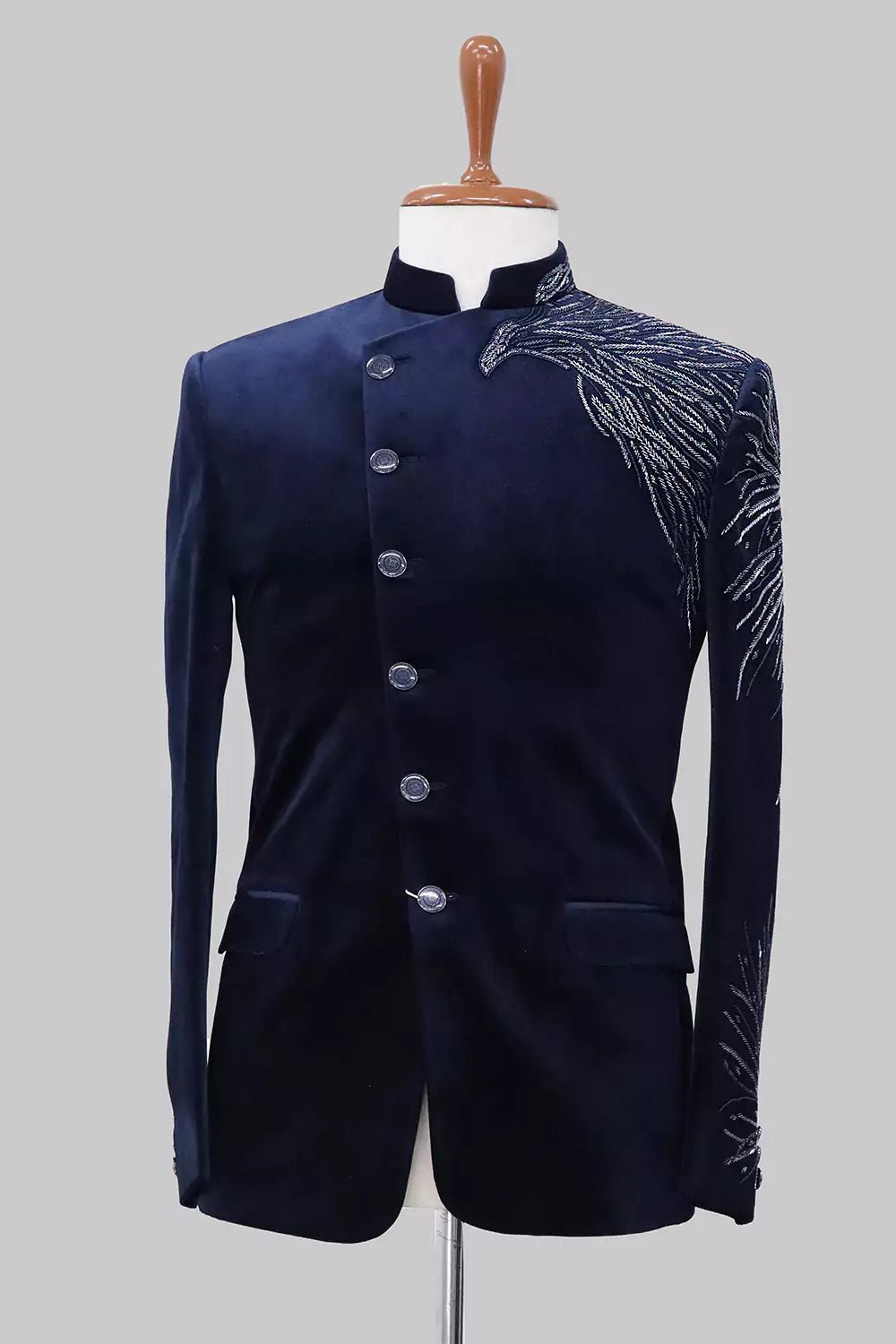Image of Cutdana work Velvet Eagle Style Navy Blue Bandhgala Suit - South India Shopping Mall
