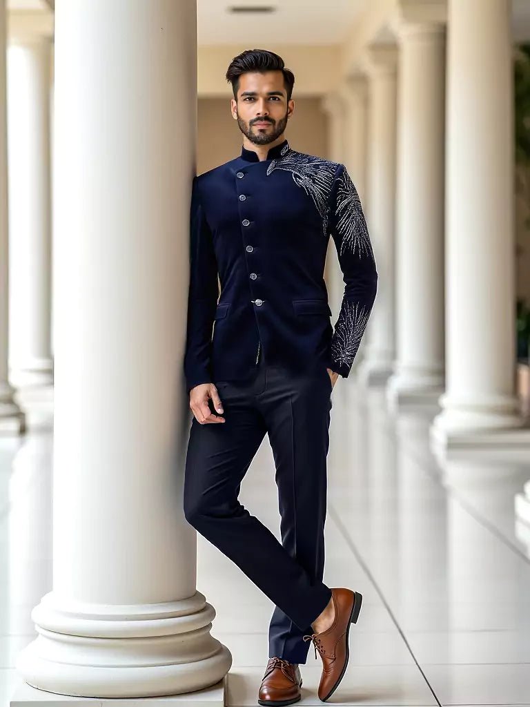 Image of Cutdana work Velvet Eagle Style Navy Blue Bandhgala Suit - South India Shopping Mall