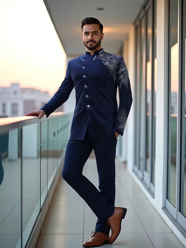 Cutdana work Velvet Eagle Style Navy Blue Bandhgala Suit - South India Shopping Mall