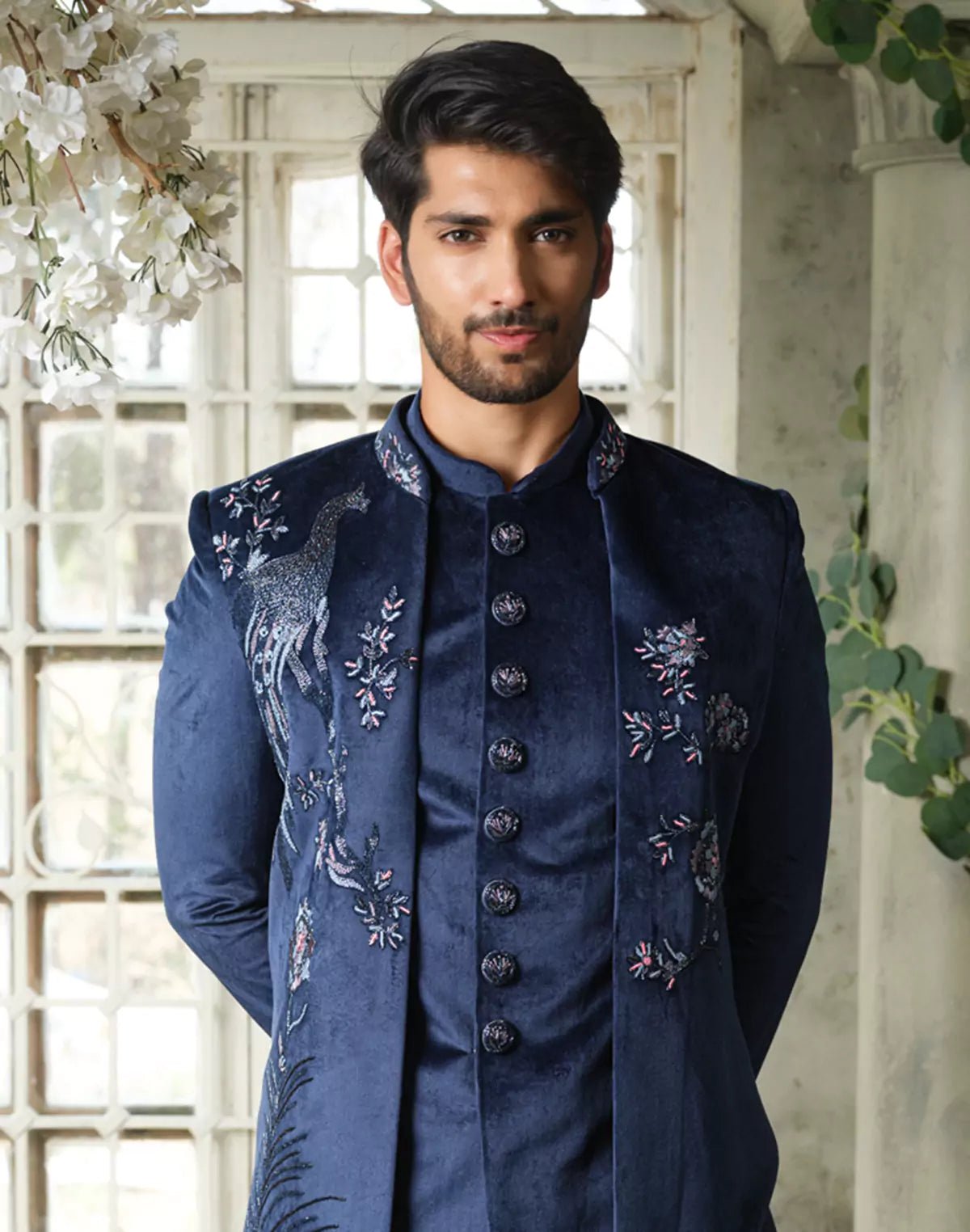 Image of Cutdana work Velvet Peacock Style Navy Blue Indo Open Jacket - South India Shopping Mall