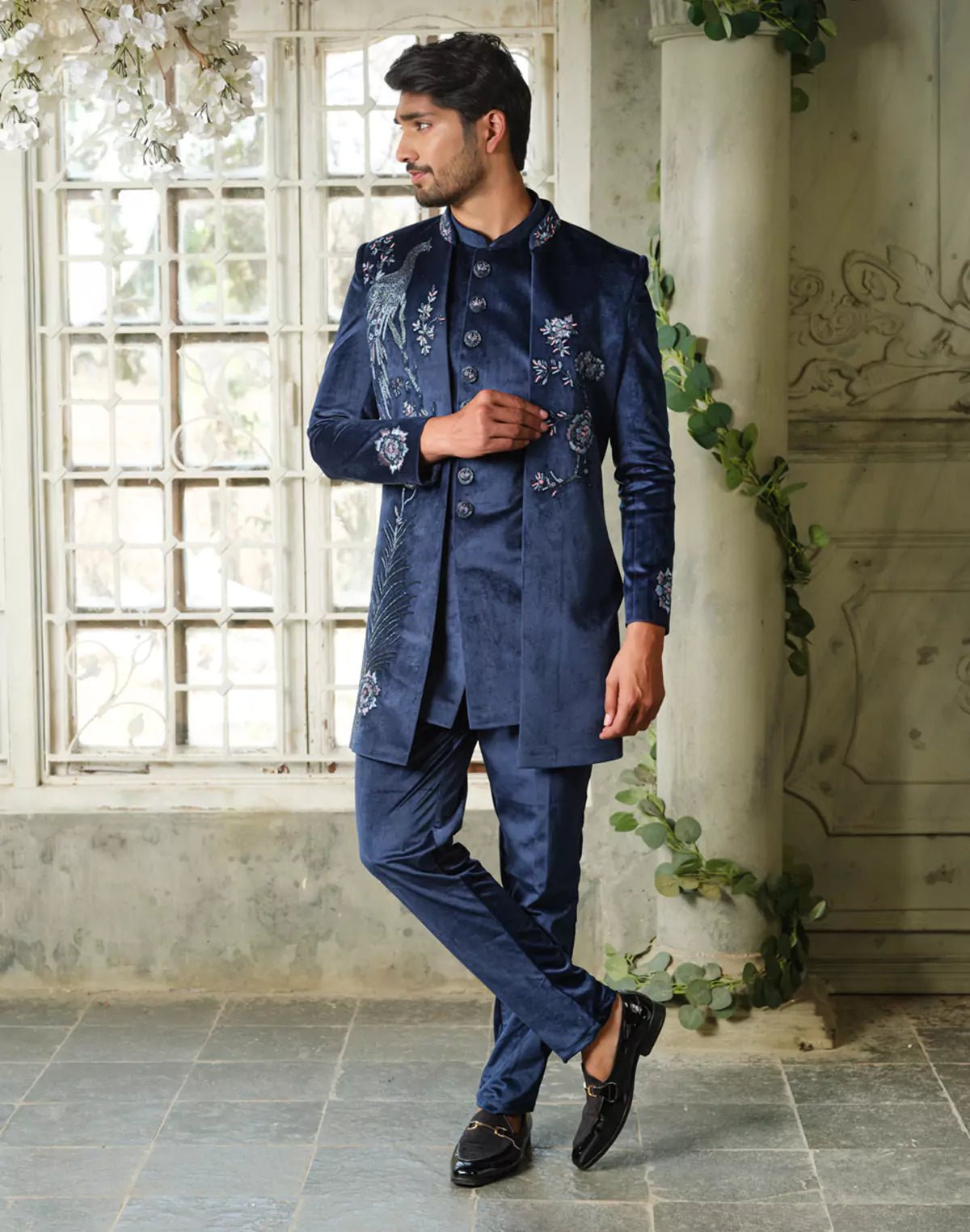 Image of Cutdana work Velvet Peacock Style Navy Blue Indo Open Jacket - South India Shopping Mall