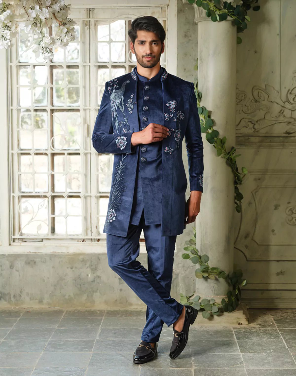 Image of Cutdana work Velvet Peacock Style Navy Blue Indo Open Jacket - South India Shopping Mall