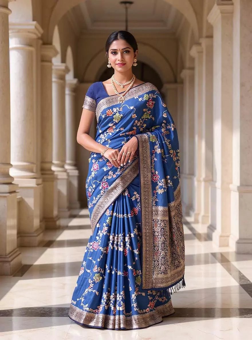 Image of Cyan Blue Floral Banaras Chinon Silk Self Saree - South India Shopping Mall