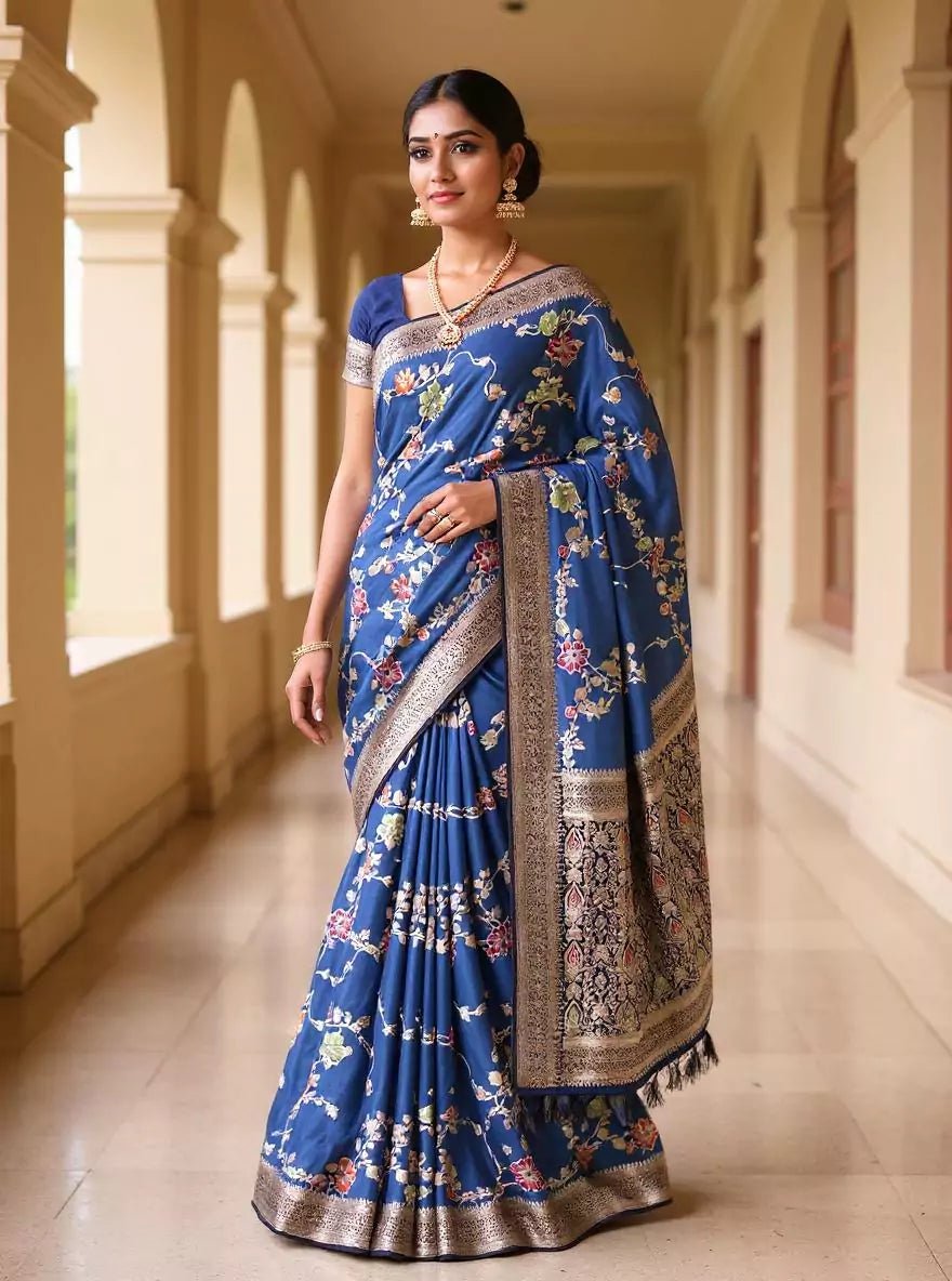 Image of Cyan Blue Floral Banaras Chinon Silk Self Saree - South India Shopping Mall
