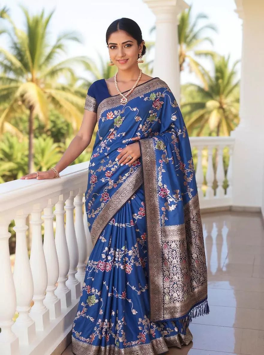 Image of Cyan Blue Floral Banaras Chinon Silk Self Saree - South India Shopping Mall