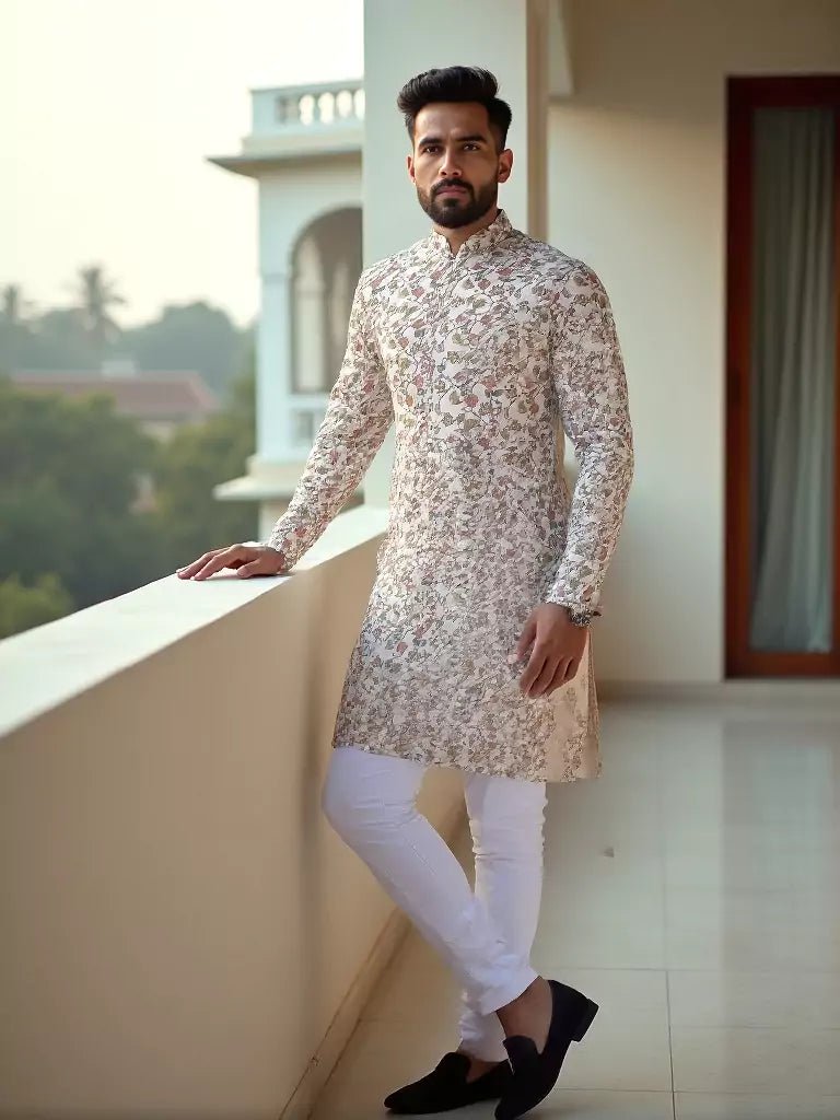 Image of Dark Fawn Floral with Birds Printed Cotton Kurta - South India Shopping Mall