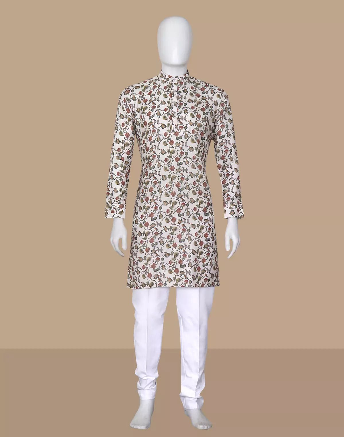 Image of Dark Fawn Floral with Birds Printed Cotton Kurta - South India Shopping Mall