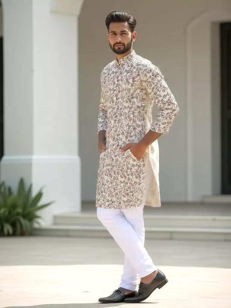 Image of Dark Fawn Floral with Birds Printed Cotton Kurta - South India Shopping Mall