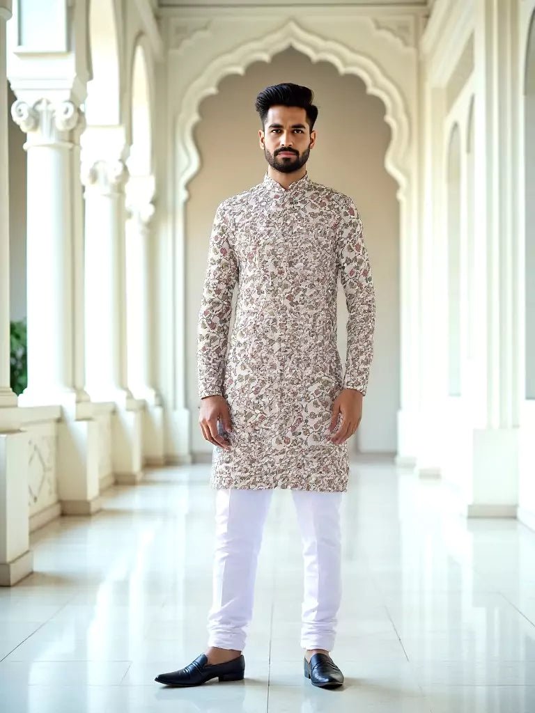 Image of Dark Fawn Floral with Birds Printed Cotton Kurta - South India Shopping Mall