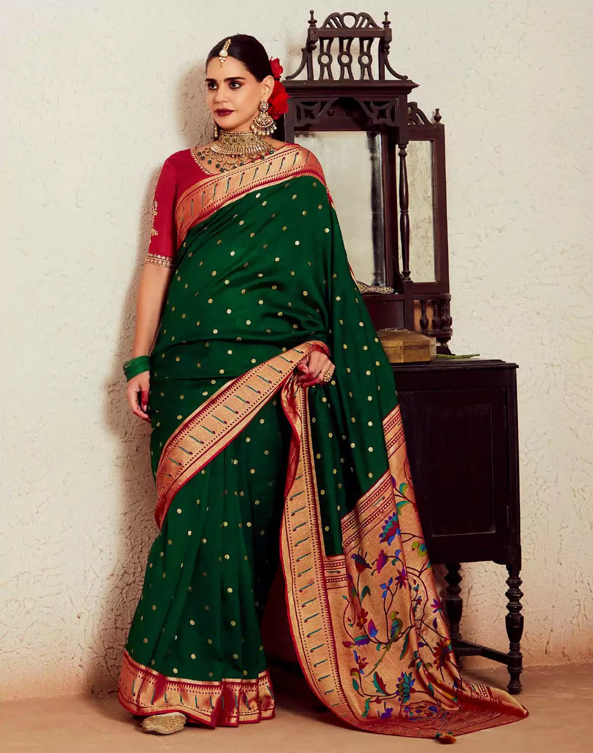 Image of Dark Green Brasso Silk Paithani Saree With Embroidered Blouse - South India Shopping Mall