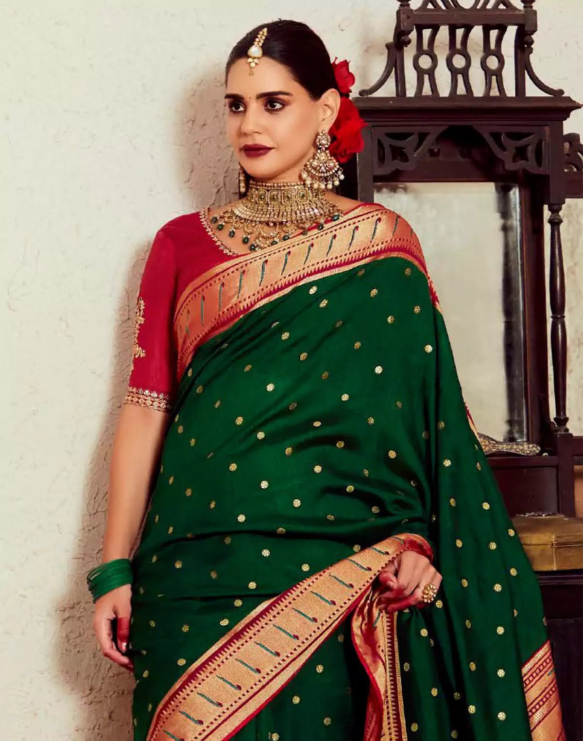 Image of Dark Green Brasso Silk Paithani Saree With Embroidered Blouse - South India Shopping Mall