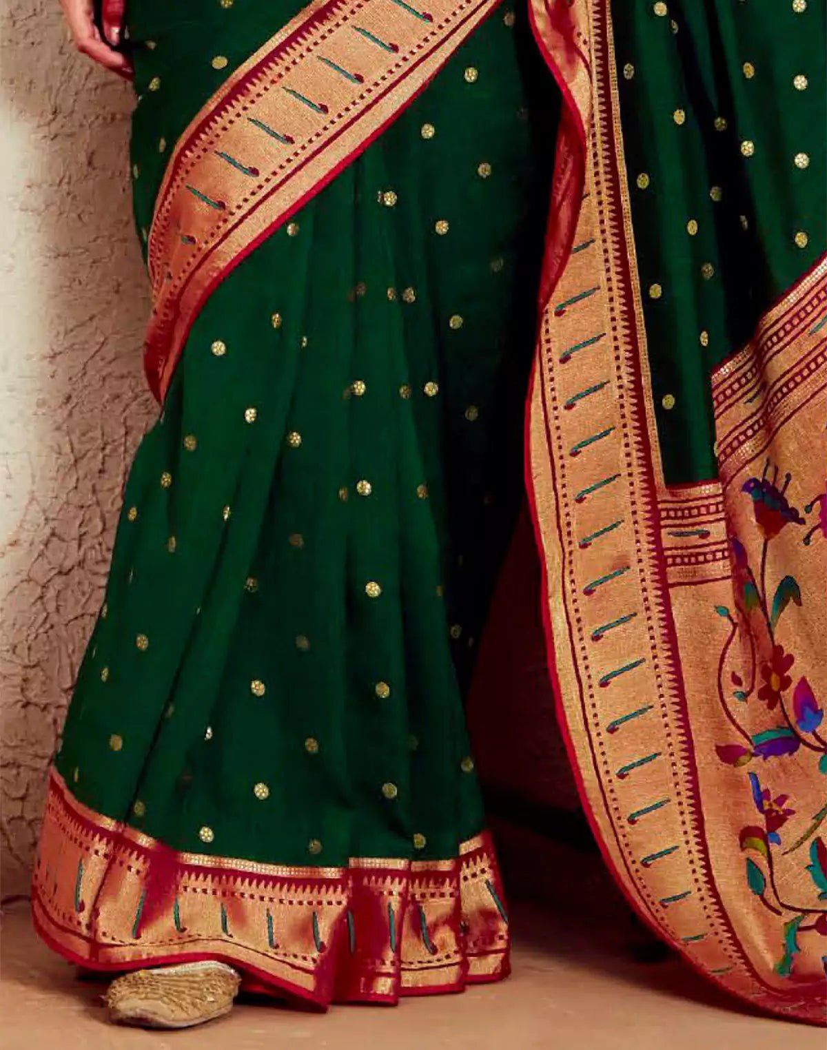 Image of Dark Green Brasso Silk Paithani Saree With Embroidered Blouse - South India Shopping Mall