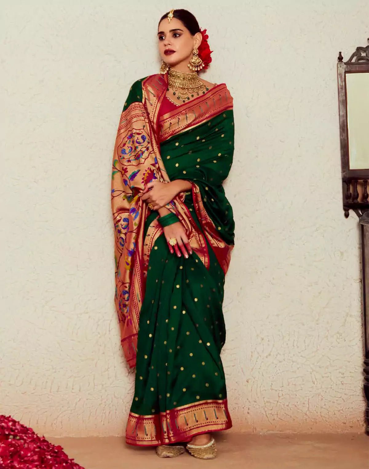 Image of Dark Green Brasso Silk Paithani Saree With Embroidered Blouse - South India Shopping Mall