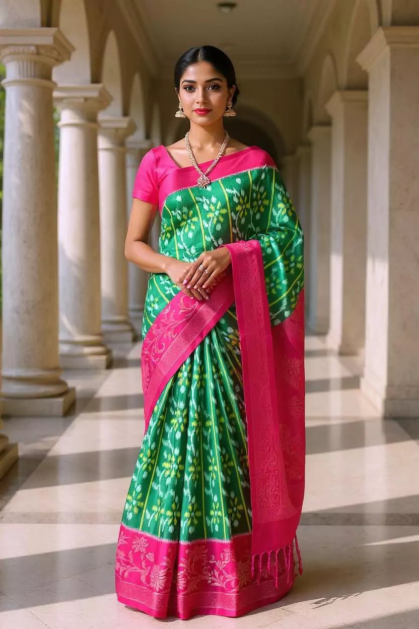 Image of Dark Green Coimbatore Pure Silk Ikat Saree with Tussels - South India Shopping Mall