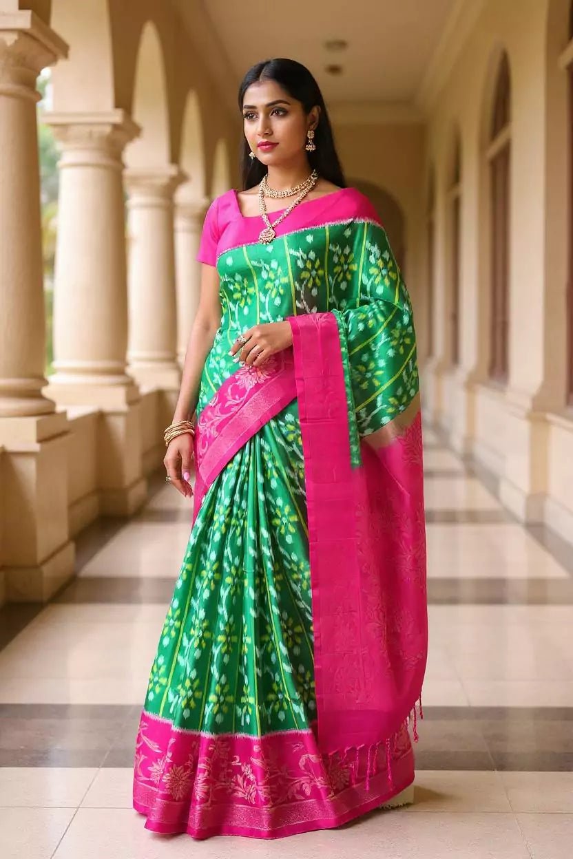 Image of Dark Green Coimbatore Pure Silk Ikat Saree with Tussels - South India Shopping Mall