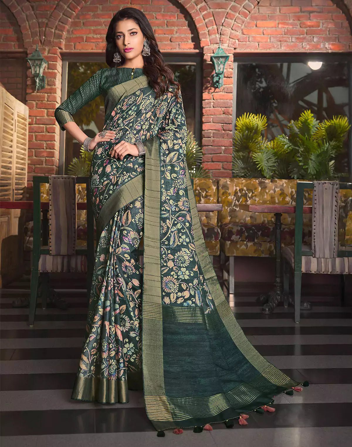 Image of Dark Green Floral Print Tussar Silk Kaddi Border Saree - South India Shopping Mall