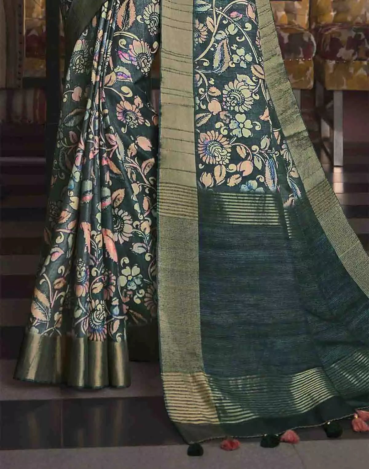 Image of Dark Green Floral Print Tussar Silk Kaddi Border Saree - South India Shopping Mall