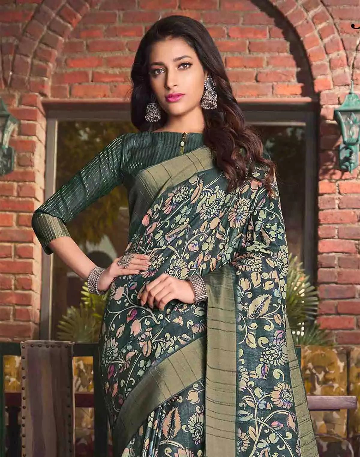 Image of Dark Green Floral Print Tussar Silk Kaddi Border Saree - South India Shopping Mall