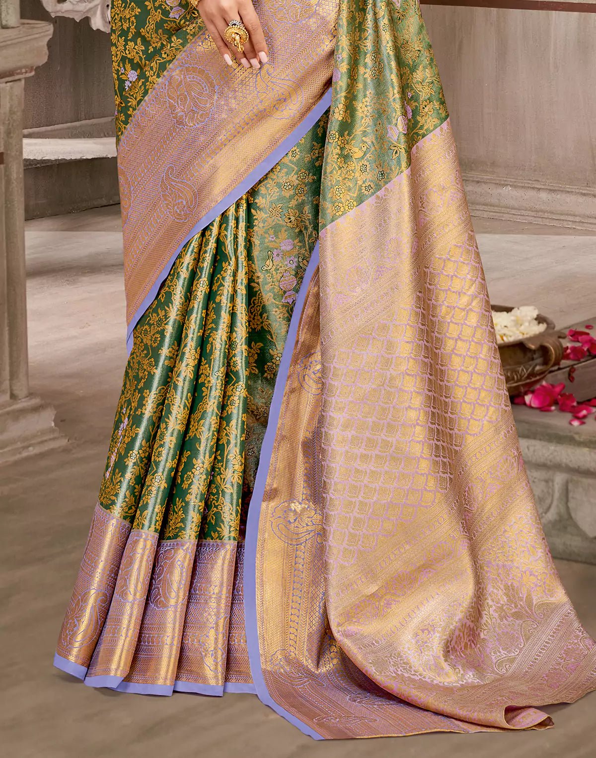 Image of Dark Green Floral with Birds Design Tissue Jaal Semi Silk Copper Zari Border Saree - South India Shopping Mall