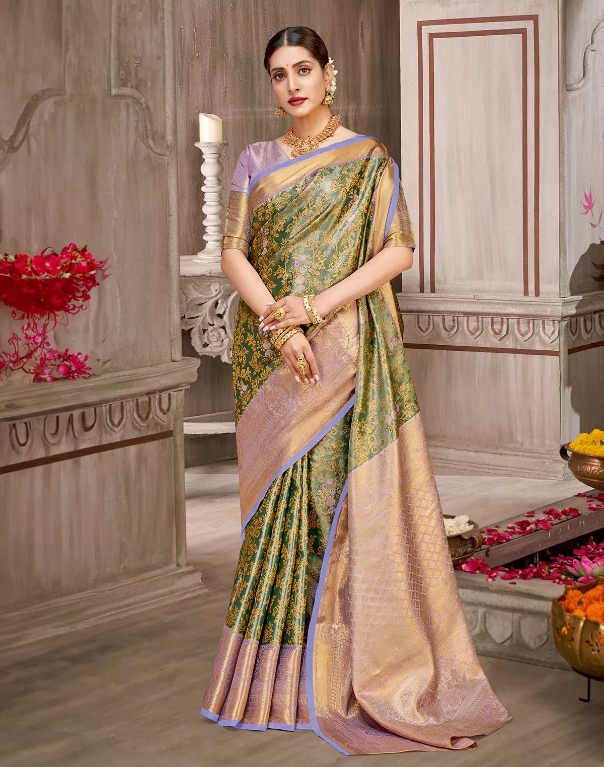Dark Green Floral with Birds Design Tissue Jaal Semi Silk Copper Zari Border Saree - South India Shopping Mall